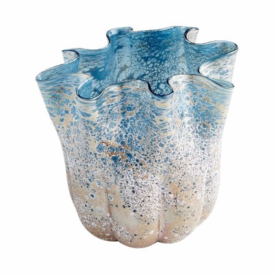 10" Blue and Beige Glass Ruffle Vase