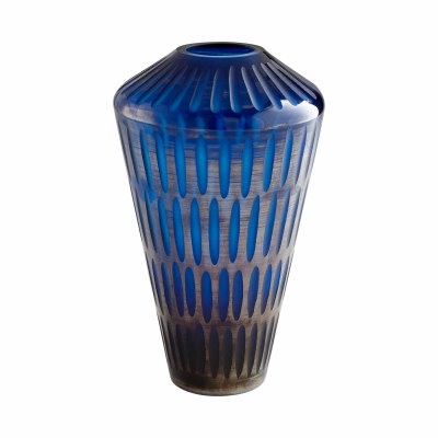 15" Dark Blue Etched Glass Vase
