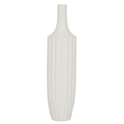 19" White Ceramic Ribbed Vase