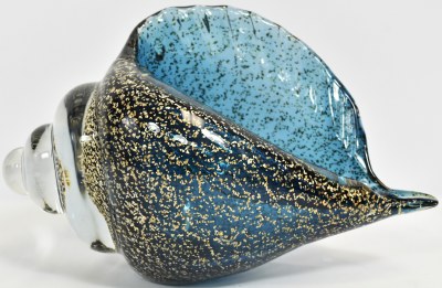 6" Blue and Gold Speckled Glass Conch Shell