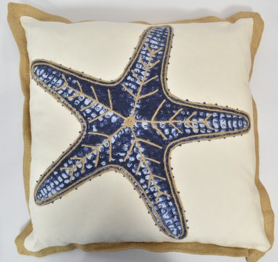 20" Sq Blue Starfish and Jute Rope Decorative Pillow
