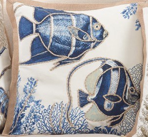 20" Sq Two Blue Fish With a Jute Rope Boarder Decorative Pillow