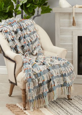 50" x 60" Blue and Multicolor Plaid Fringe Throw Blanket