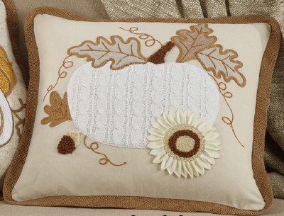 16" Sq White and Beige Pumpkin Decorative Pillow Fall and Thanksgiving Decoration