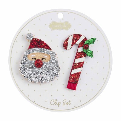 Santa Head and Candy Cane Hair Clip Set  by Mud Pie