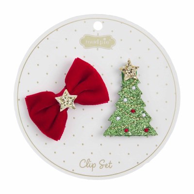 Christmas Tree and Bow Hair Clip Set by Mud Pie