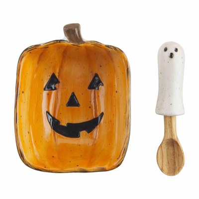 9" Pumpkin Dish With a Spoon by Mud Pie Halloween Decoration