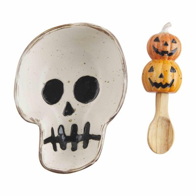 9" Skull Dish With a Spoon by Mud Pie Halloween Decoration