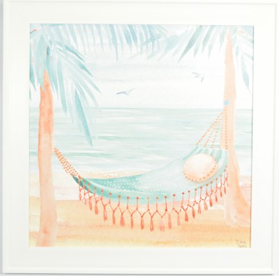 30" Sq Turquoise Hammock on the Beach Gel Print With a White Frame