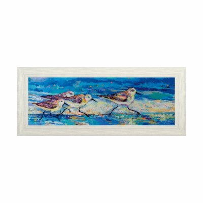 18" x 42" Four Sandpipers on a Dark Blue Background Gel Print Whith a Whitewash Frame