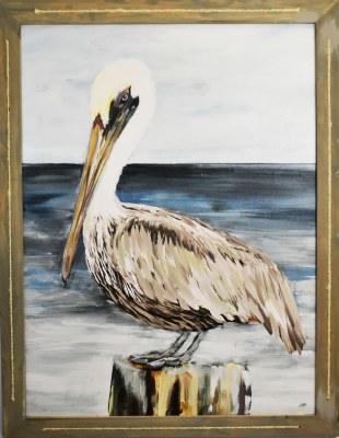 46" x 36" Pelican on a Piling Gel Print With a Gray Rope Frame