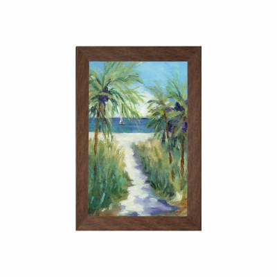 47" x 37" Three Palm Trees and Beach Path Gel Print With a Brown Frame