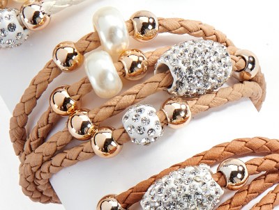 Tan Faux Leather Magnetic Beaded Bracelet