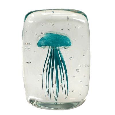 4" Turquoise Glass Jellyfish in a Cube