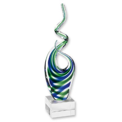 14" Blue and Green Double Swirl Glass Sculpture