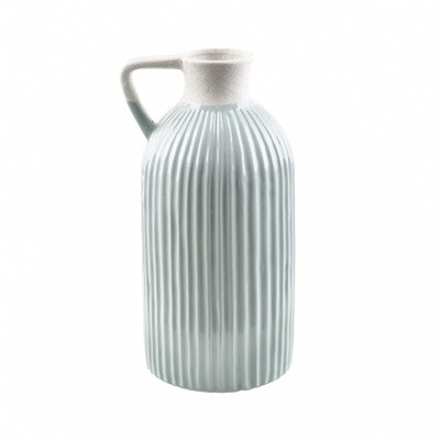 8" Light Blue Ribbed Ceramic Vase With Handles