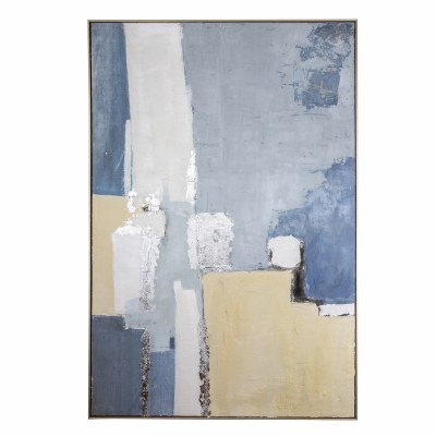 61" x 40" Blue, Yellow, and Silver Abstract Framed Canvas