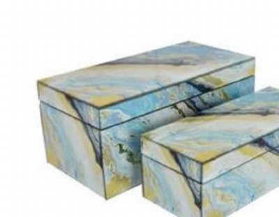 14" x 7" White, Gold, and Blue Swirl Glass Box