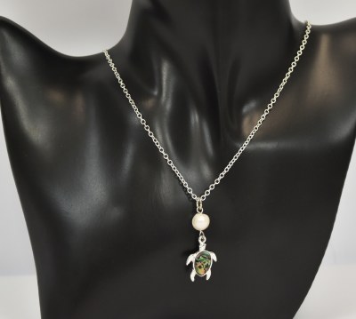 18" Silver Toned Abalone Sea Turtle Necklace