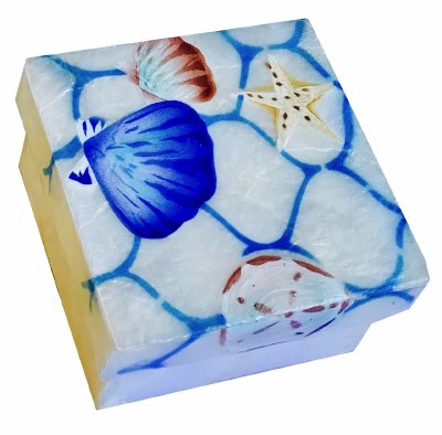 3" Sq Blue Seashells and Net Capiz Box