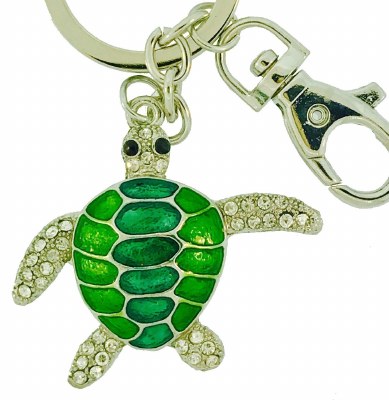 5" Green Enamel Sea Turtle Bling Key Ring