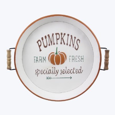 16" Round Metal Pumpkin Tray With Handles Fall and Thanksgiving Decoration