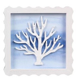 6" Sq Blue and White Coral Wood Wall Plaque
