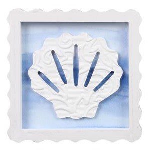 6" Sq Blue and White Scallop Shell Wood Wall Plaque