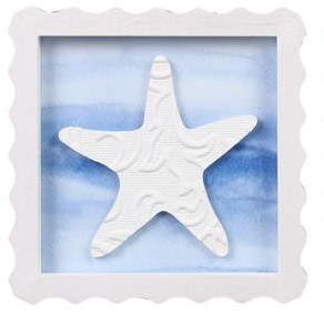 6" Sq Blue and White Starfish Wood Wall Plaque