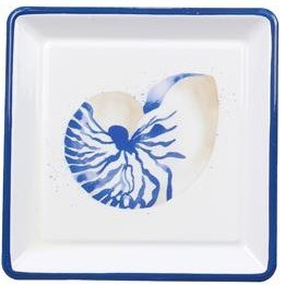 5" Sq Blue and White Metal Nautilus Dish
