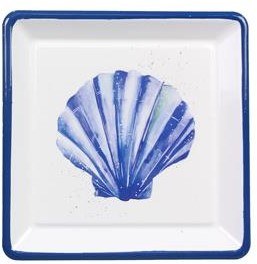 5" Sq Blue and White Metal Scallop Shell Dish