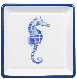 5" Sq Blue and White Metal Seahorse Dish