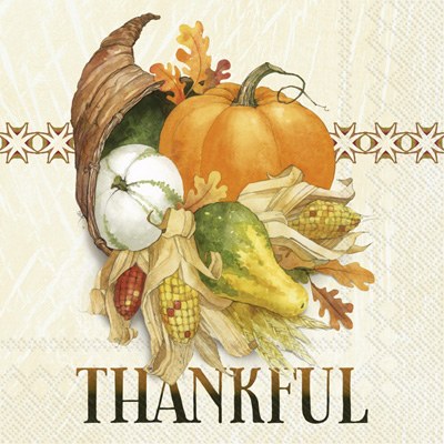 "Thankful" Cornucopia Beverage Napkin Fall and Thanksgiving