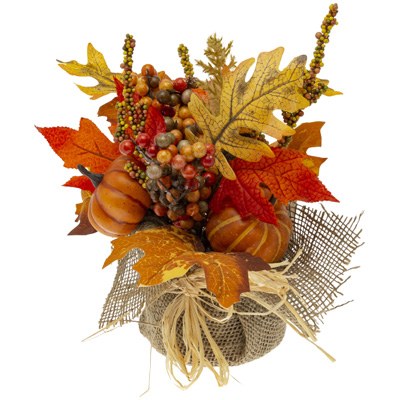9" Faux Fall Leaves and Pumpkin Arrangment Fall and Thanksgiving Decoration