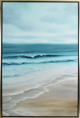 60" x 40" Sunrise on a Blue Beach in a Silver Frame