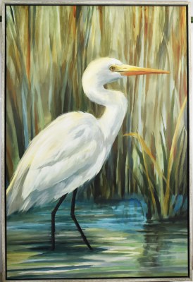 60" x 40" Sunlit Egret Canvas in a Graywash Frame