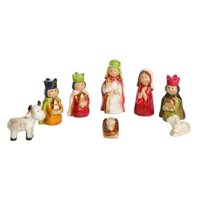 Set of Eight Multicolor Ceramic Children Nativity