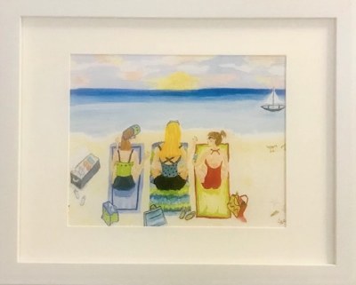 13" x 15" Three Girlfriends Sitting on the Beach Framed Wall Art Under Glass
