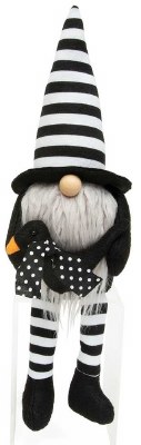 15" Black and White Witch Gnome Holding a Crow Halloween Decoration