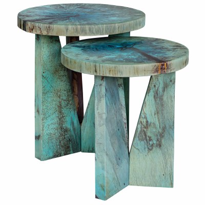 Set of Two 18" Round Aqua Wood Tables