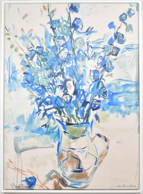 52" x 38" Blue Flowers in a Vase Canvas in a White Frame