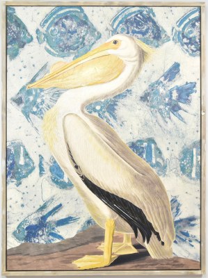 53" x 40" Pelican With a Fish Background Canvas in a White Wash Frame