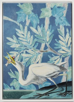 30" x 22" White Egret Canvas in a White Frame