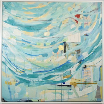 48" Sq Turquoise and Blue Abstract Canvas in a White Frame
