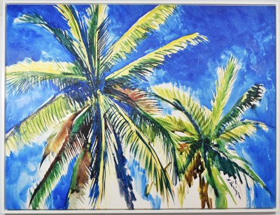 45" x 60" Two Green Palm Trees in a Blue Canvas in a White Frame