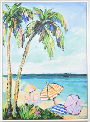 52" x 38" Two Palm Trees and Umbrellas Canvas in a White Frame