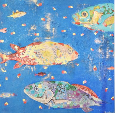 24" Sq Three Multicolor Fish on a Blue Canvas