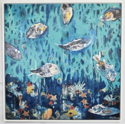 48" Sq Seven Blue Fish Canvas in a White Frame