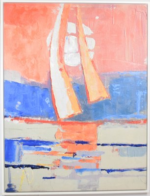 60" x 45" Sailboat and Coral Sky Canvas in a White Frame