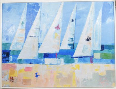 45" x 59" Six White Sailboats Canvas in a White Frame